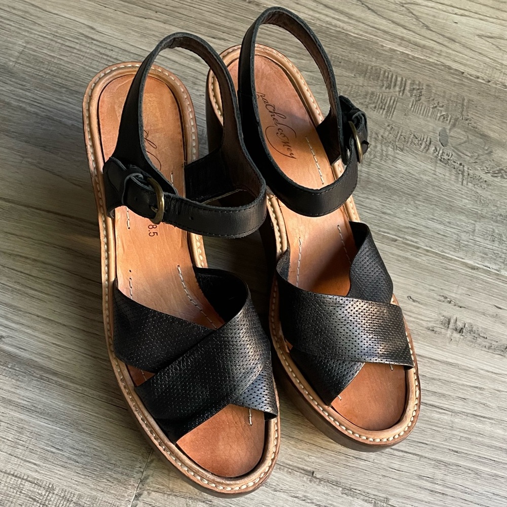 Rachel Comey Black Leather Cross-Strap Wedge Sandals with Wood Platform - Picture 12 of 16